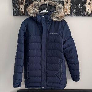 Eddie Bauer Men’s Dark Blue Puffer Coat with Faux Fur Trim